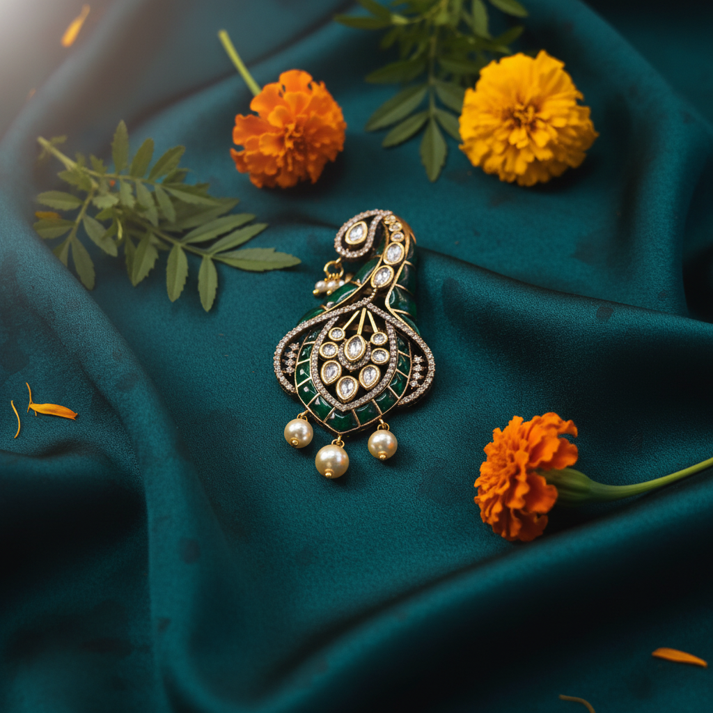 Emerald Green Kundan Kalgi Lifestyle - Teal Silk Editorial