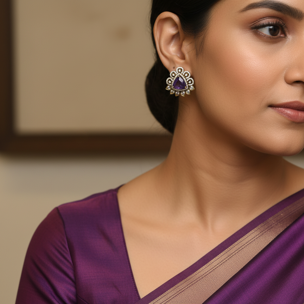 Model wearing Mehndi Polish Amethyst Stud Earrings