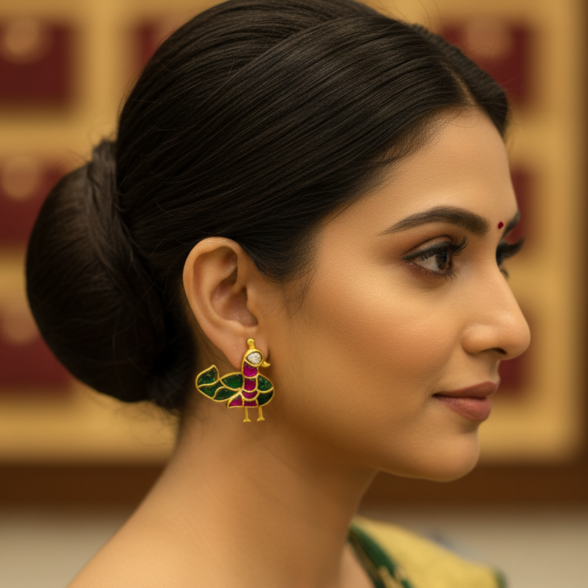Model Wearing Jadau Kundan Peacock Stud Earrings