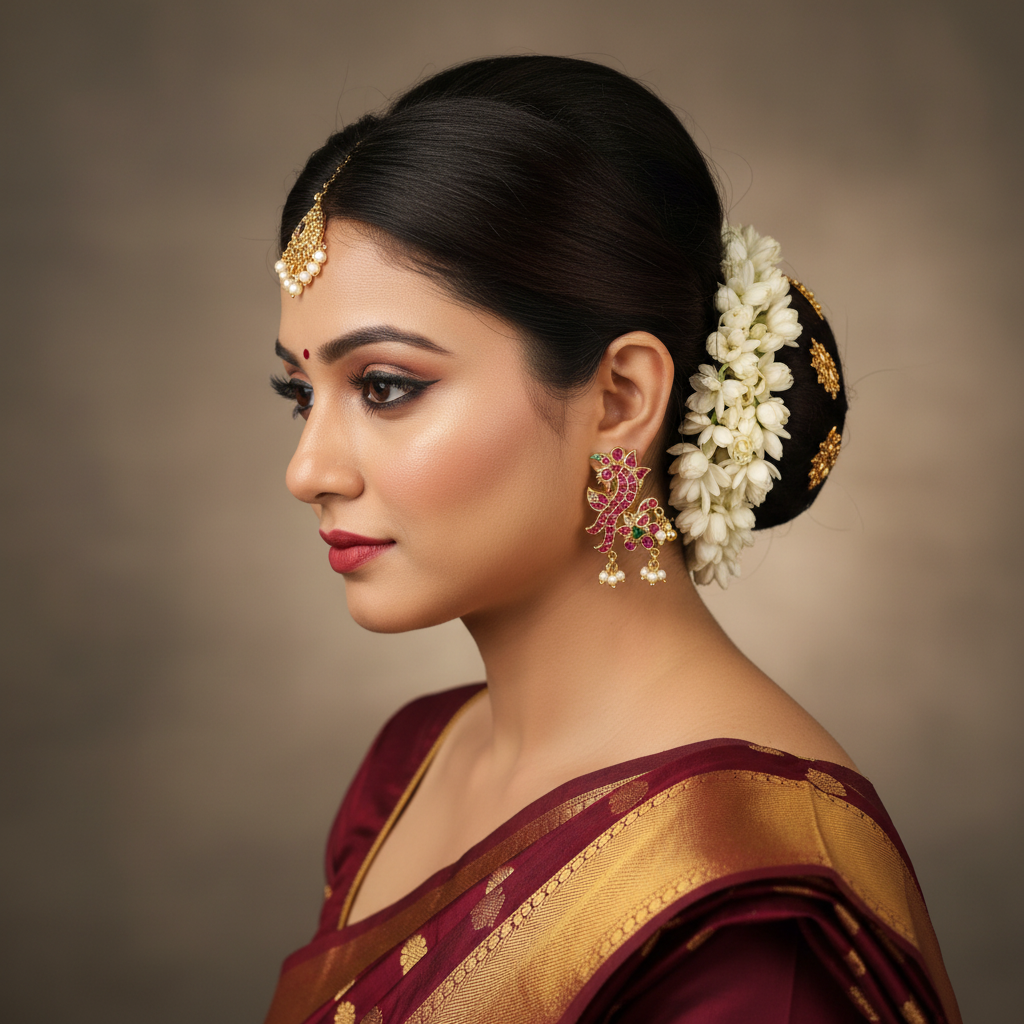 Kempu Peacock Studs – model wearing earrings
