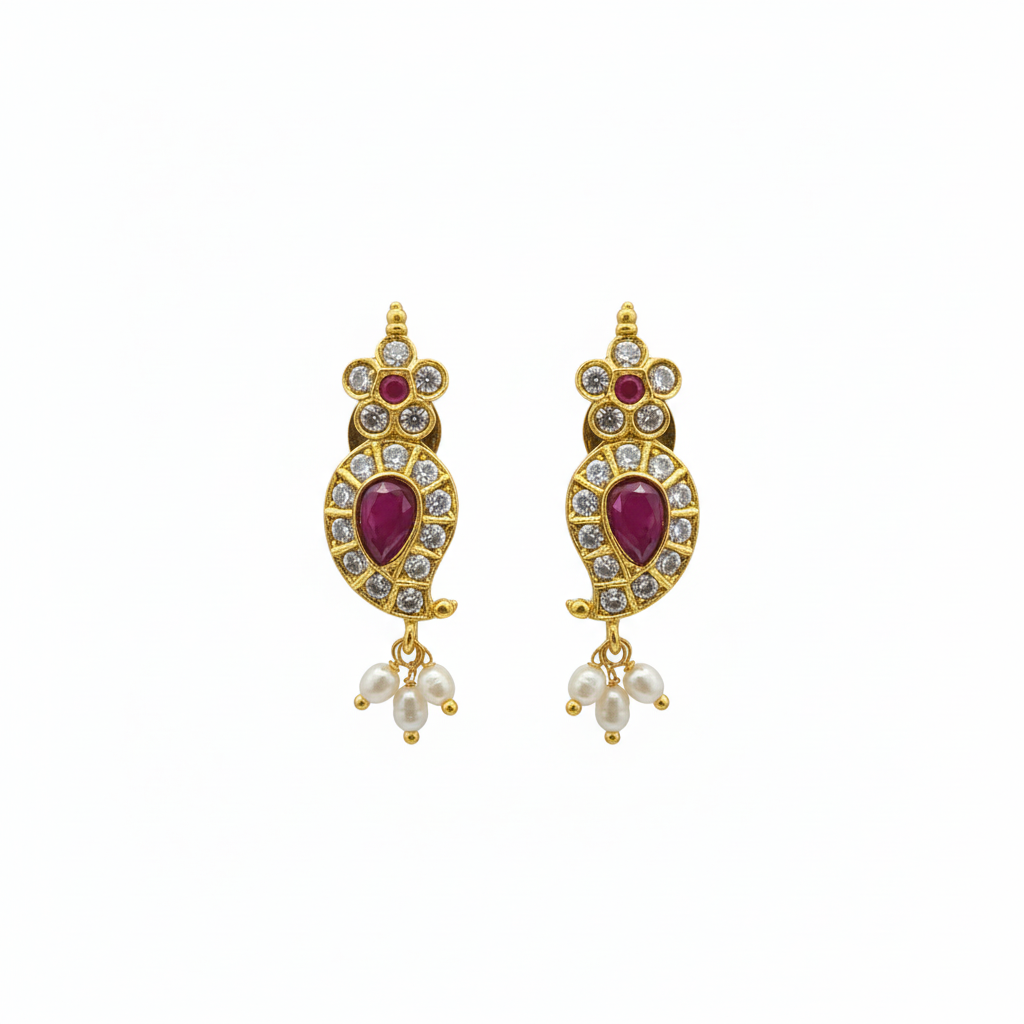 Polki CZ Teardrop Mango Studs - Ruby Variant - White Background Hero