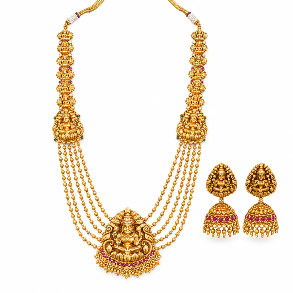 Antique Lakshmi long haram and matching jhumka earrings on white background