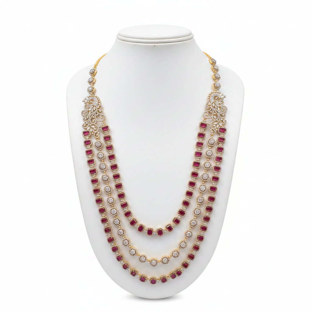 Ruby Diamond 3-Strand Haram Necklace – mannequin display
