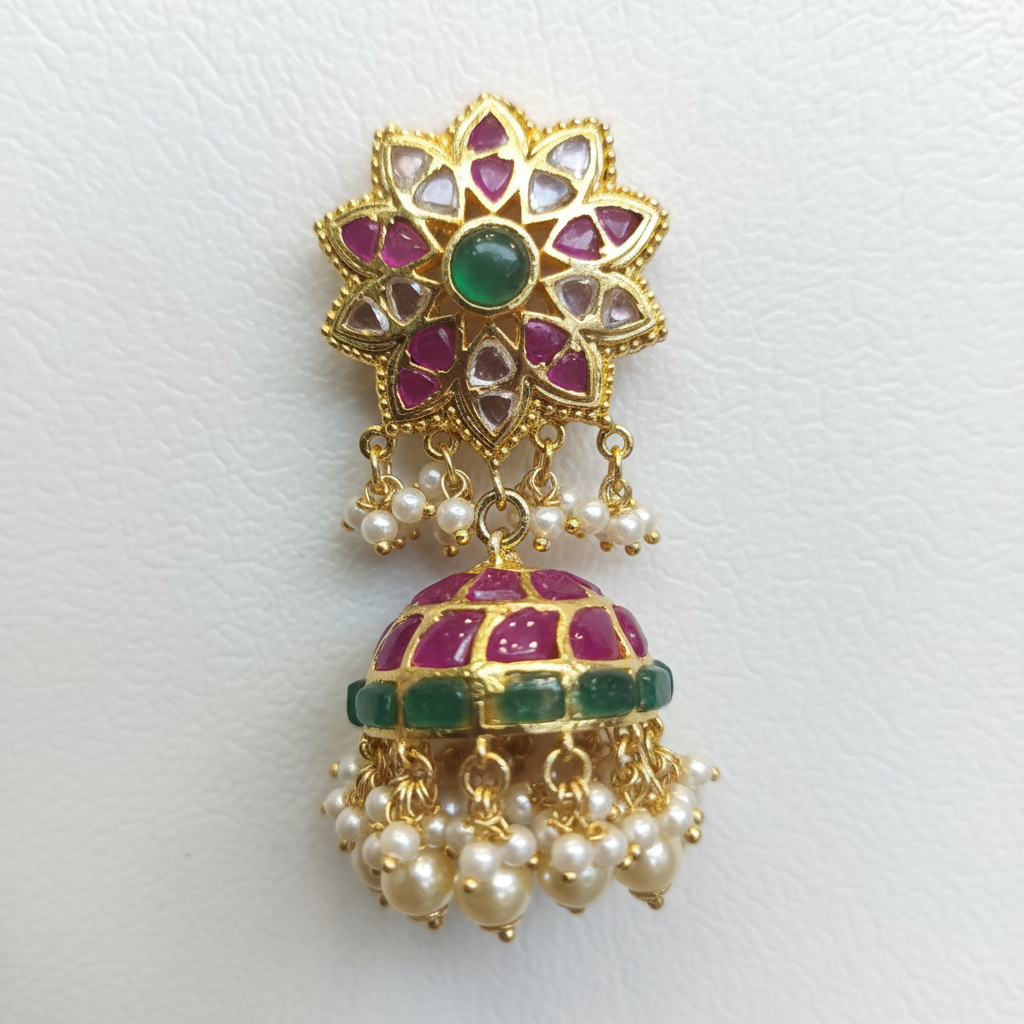 Star Flower Emerald Kundan Jhumka - Macro Gemstone Detail