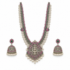Oxidized Lakshmi long haram necklace with matching jhumka earrings on a white background