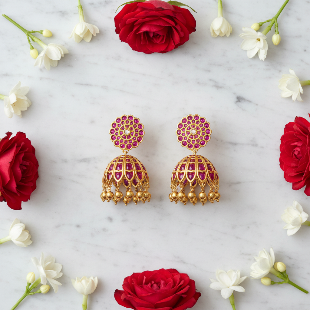 Kempu Mandala Jhumka flat lay with roses – lifestyle styling