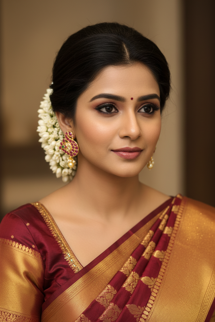 South Indian model wearing Handmade Kempu Duck Swan Earrings
