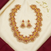 Kempu Guttapusalu necklace set in traditional silk flat lay
