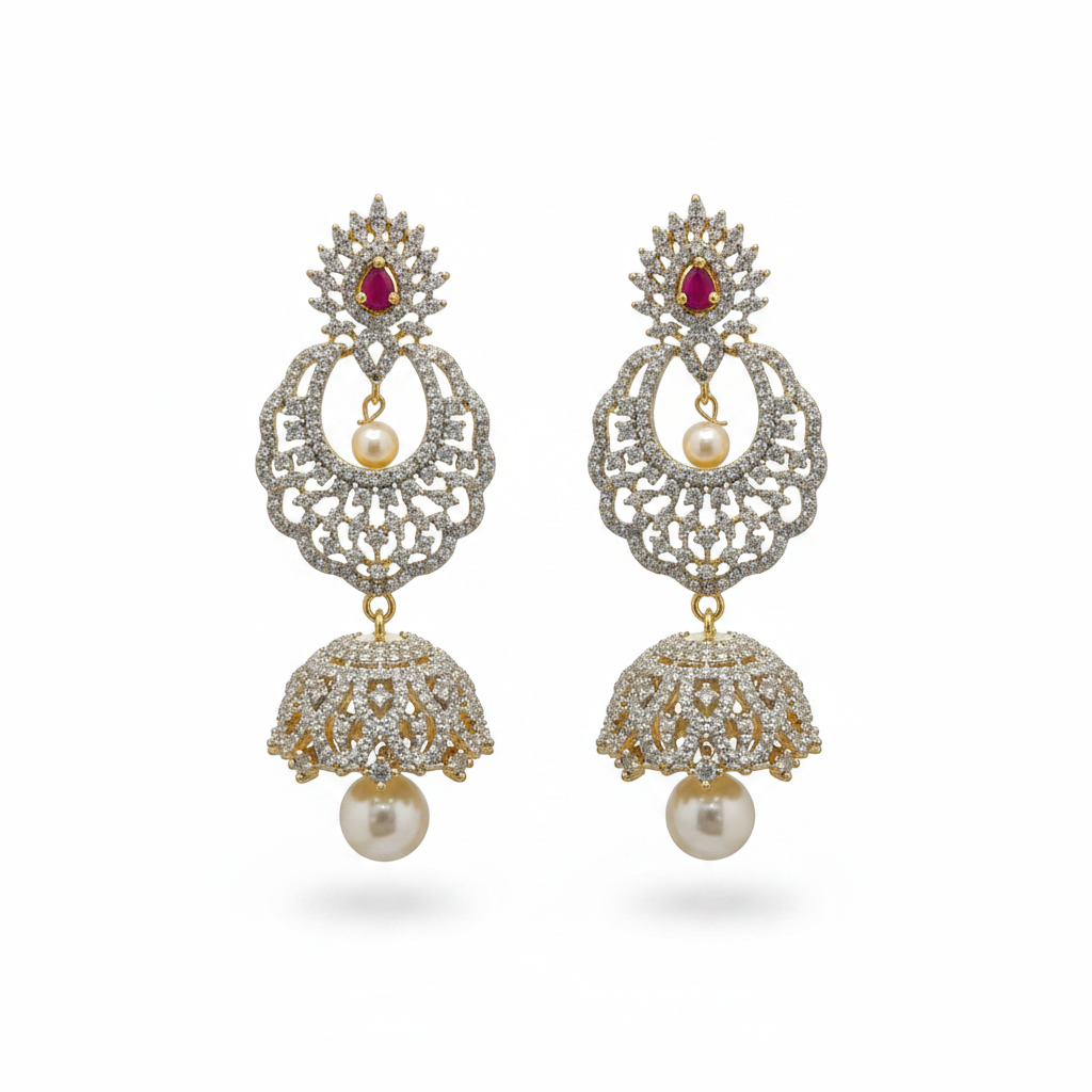 CZ Chandbali Jhumka Ruby Pink - White Background