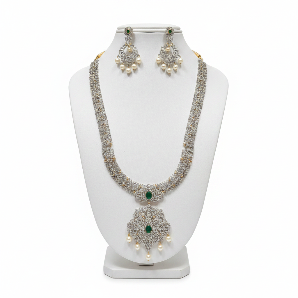 Emerald CZ Long Haram Necklace Set - Mannequin