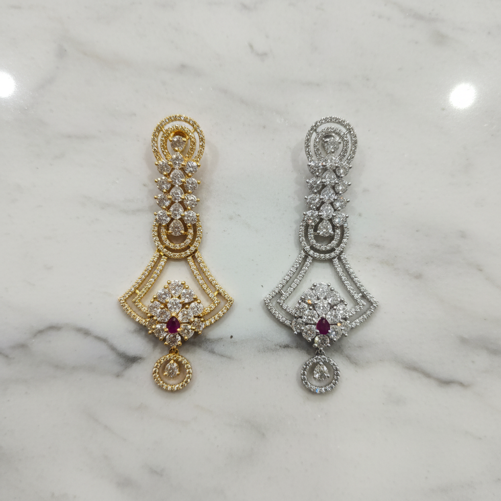 CZ Open Fan Chandelier Earrings - Both Finishes Flat Lay Marble