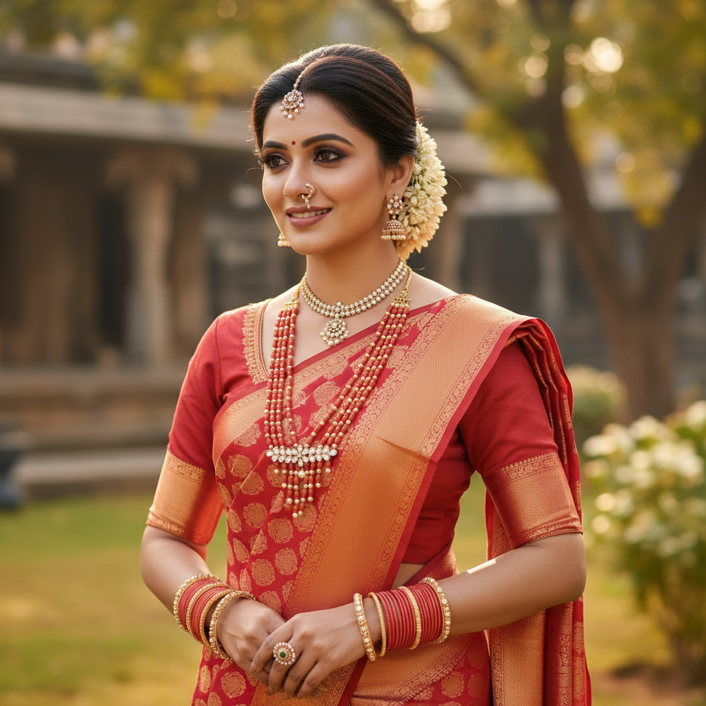 Woman wearing coral red beaded necklace in natural setting