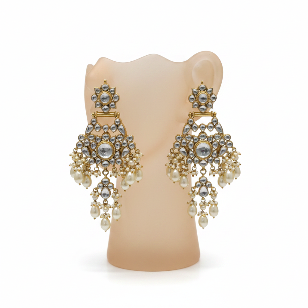 Jadau Kundan Chandbali - Pearl Drops variant on mannequin stand