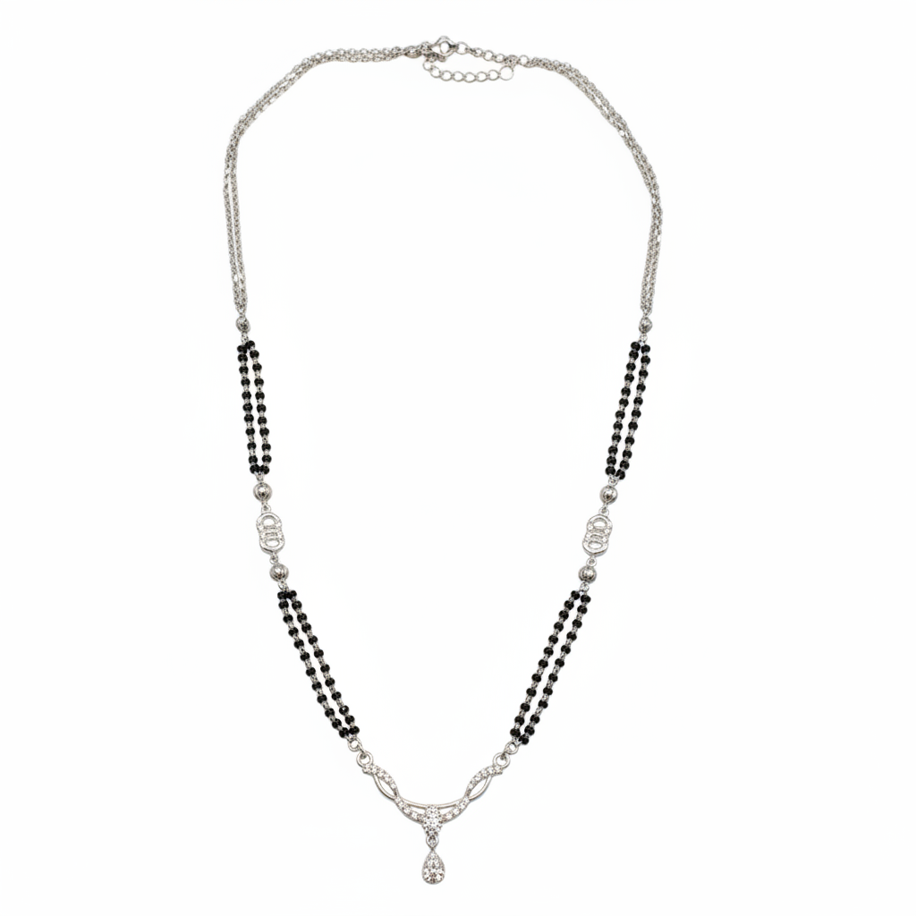 925 Silver Black Beads Mangalsutra Necklace with Teardrop Dangle