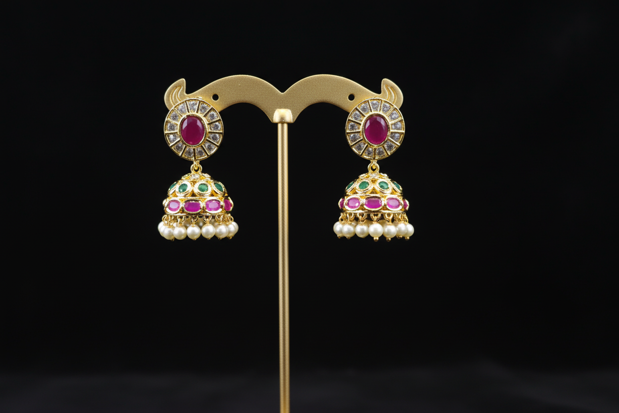 Gold Plated CZ Jhumka - Boutique Display on Black Velvet