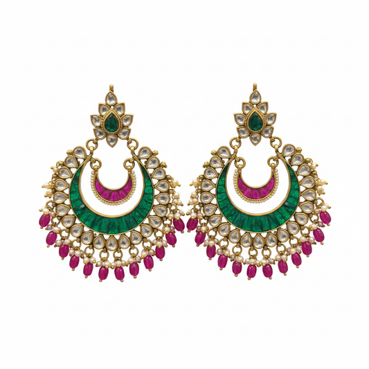 Jadau Kundan Chandbali Earrings - White Background Studio Shot
