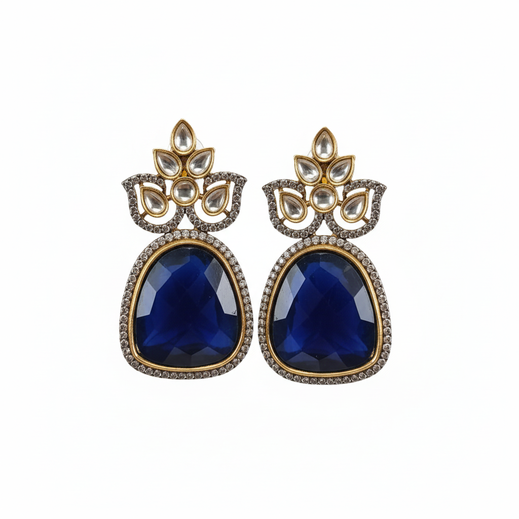 Victorian Kundan Earrings - Navy Blue