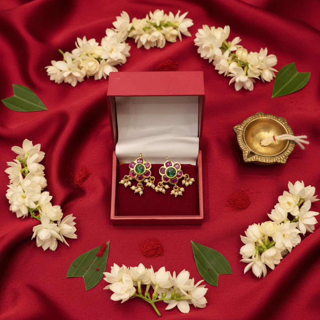 Kempu Green Center Flower Stud Earrings flat lay cultural context