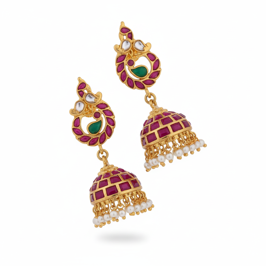 Peacock Kempu Jhumka Small - White Background