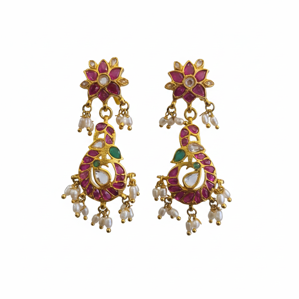 Kempu Peacock Dangler Earrings – close-up detail shot