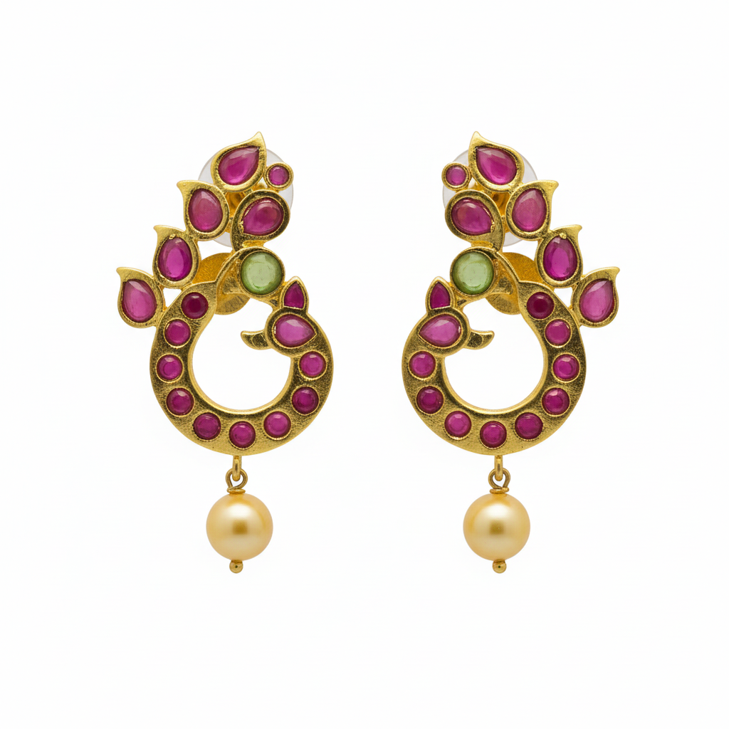 Kundan Dancing Peacock Chandbali Earrings on white background - product shot