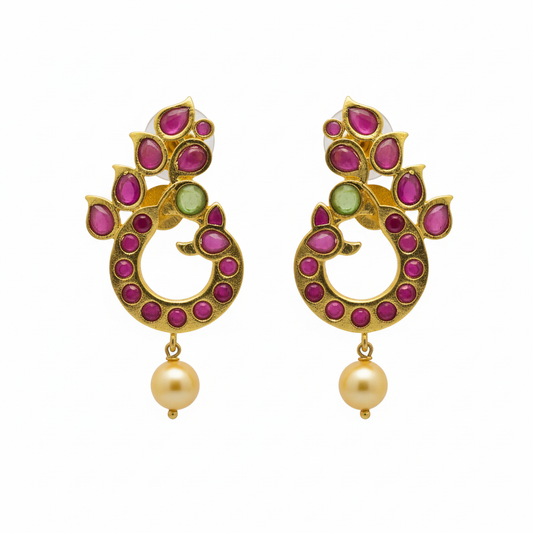Kundan Dancing Peacock Chandbali Earrings on white background - product shot