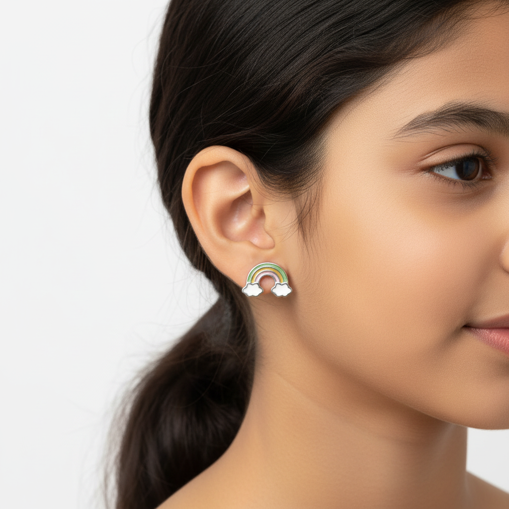925 Silver Rainbow Cloud Earrings for Kids - Colorful Enamel Studs