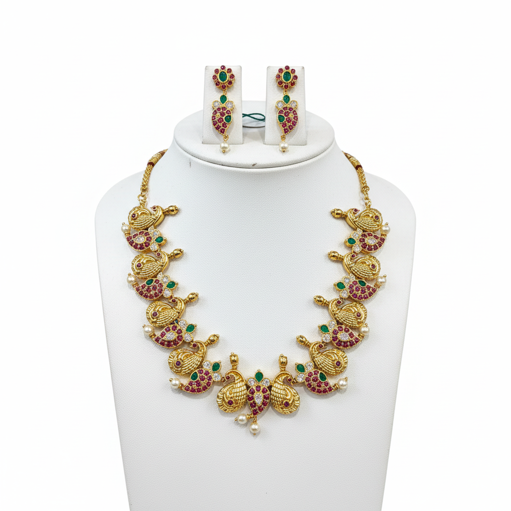 Kempu mango peacock necklace set on mannequin bust white background