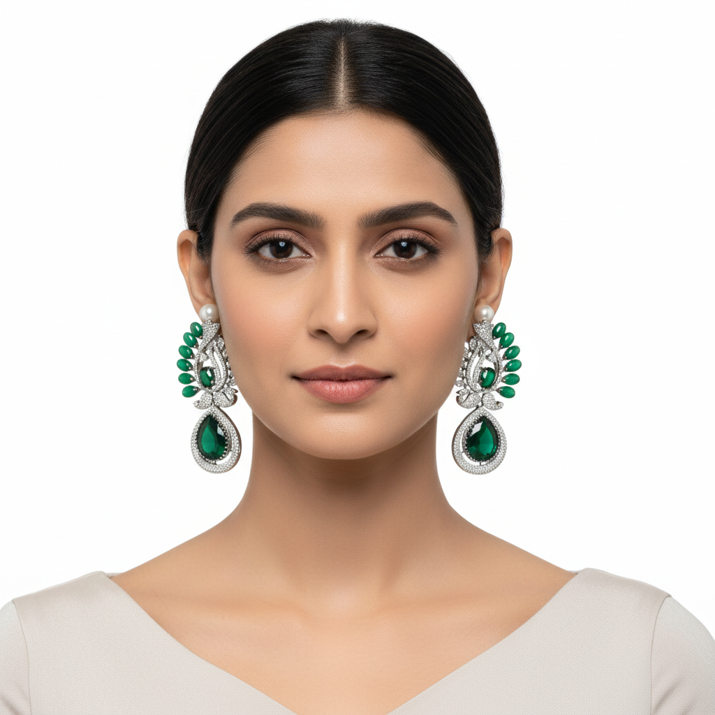 Model wearing Victorian CZ Pearl Top Drop Earrings - Emerald Green