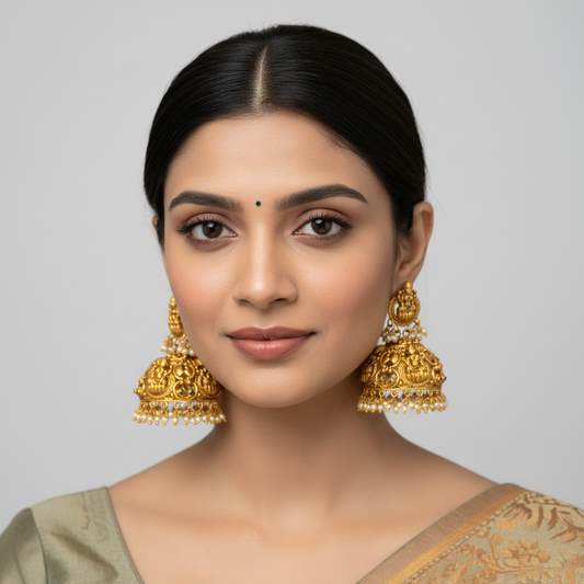 Model wearing antique gold Lakshmi temple jhumka earrings with pearl drops
