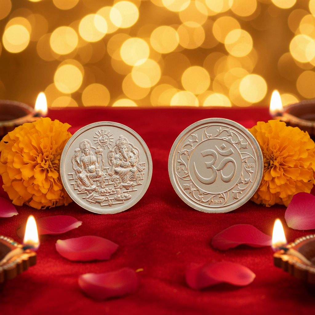 999 Pure Silver Lakshmi Ganesha Coin lifestyle Diwali setting