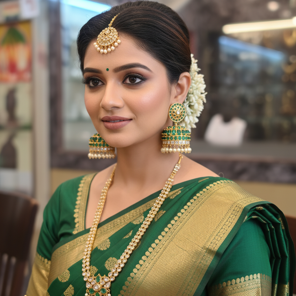 Model wearing Jadau Emerald Polki Jhumka – lifestyle editorial