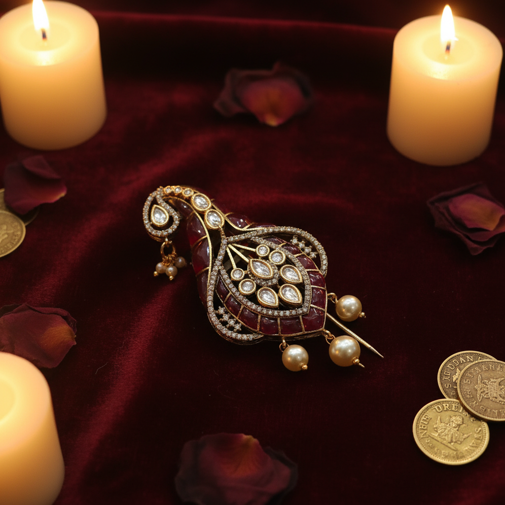 Ruby Red Kundan Kalgi Lifestyle - Burgundy Velvet Editorial
