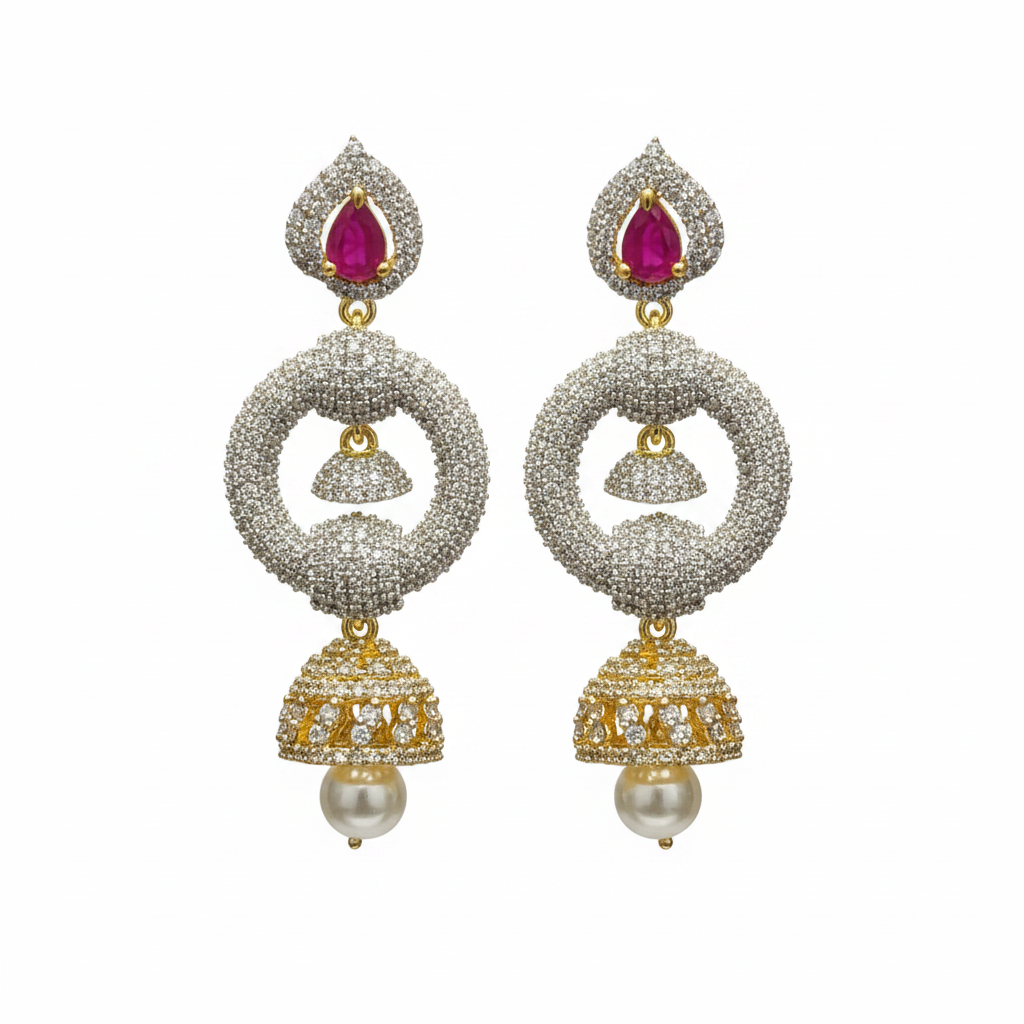 CZ Jhumka Earrings Ruby Pink - White Background
