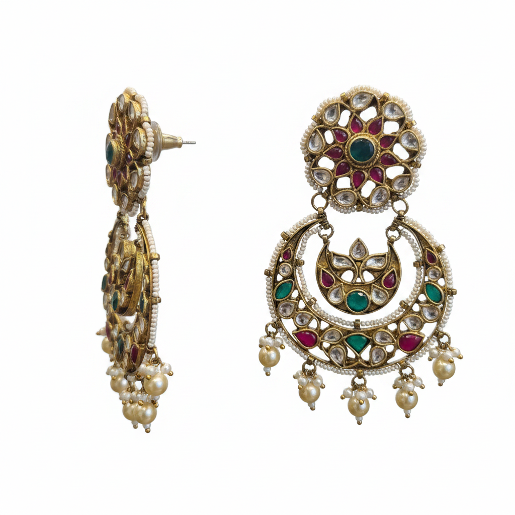 Kundan Kempu Chandbali Earrings 8cm on white background studio shot