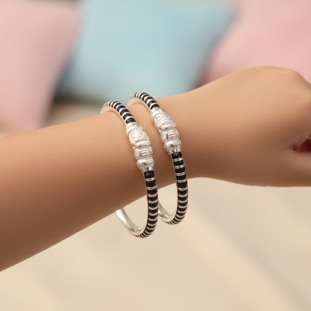 92.5 Silver Kids Bangle with Black Beads and Lion Head Clasp - Lifestyle