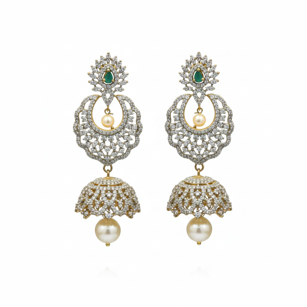 CZ Chandbali Jhumka Emerald Green - White Background