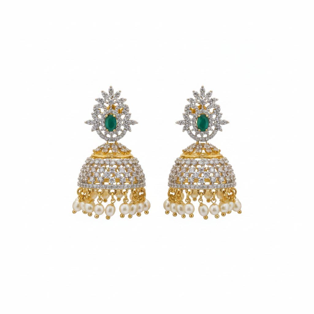 CZ Pearl Drop Jhumki Earrings on white background