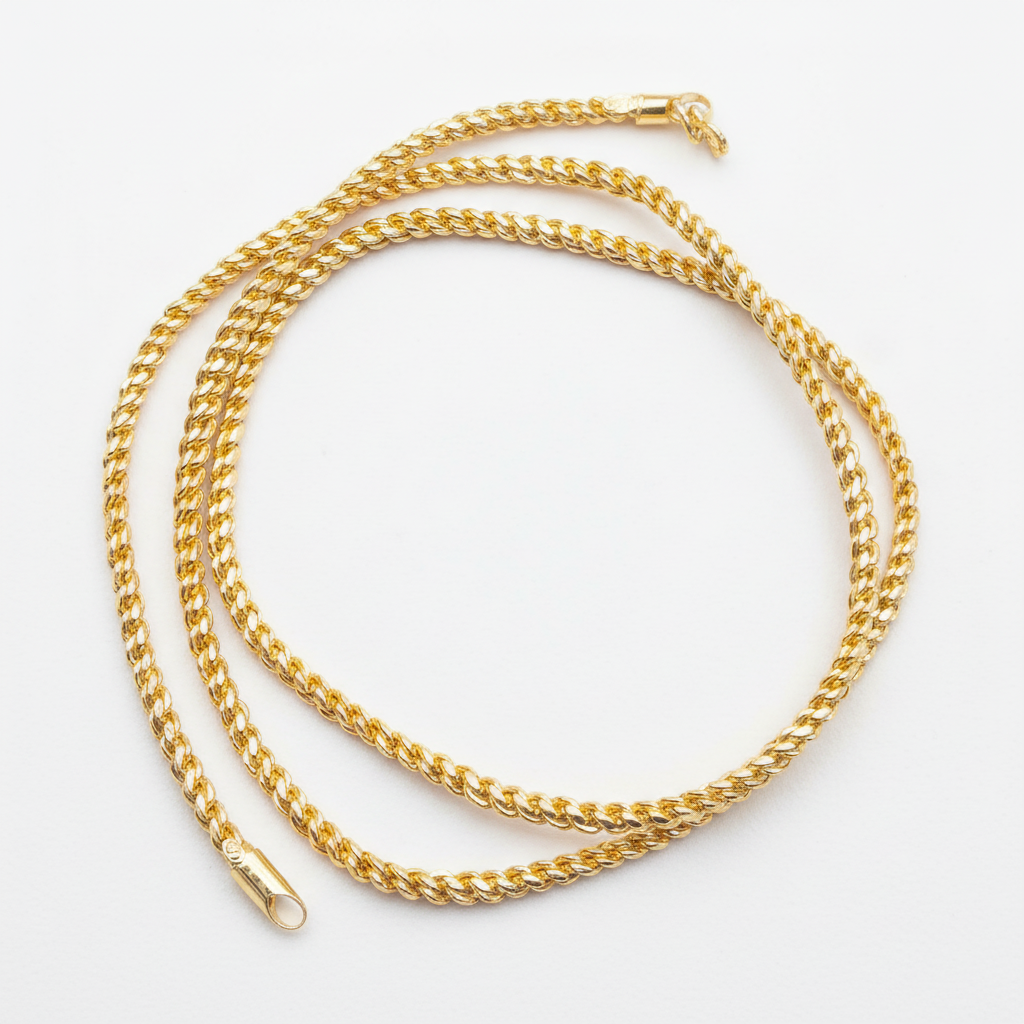24K gold plated rope chain necklace on white background