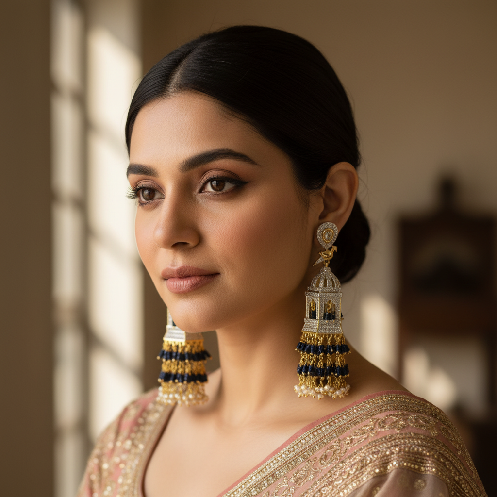 Blue Bead Jhumka – lifestyle model wear