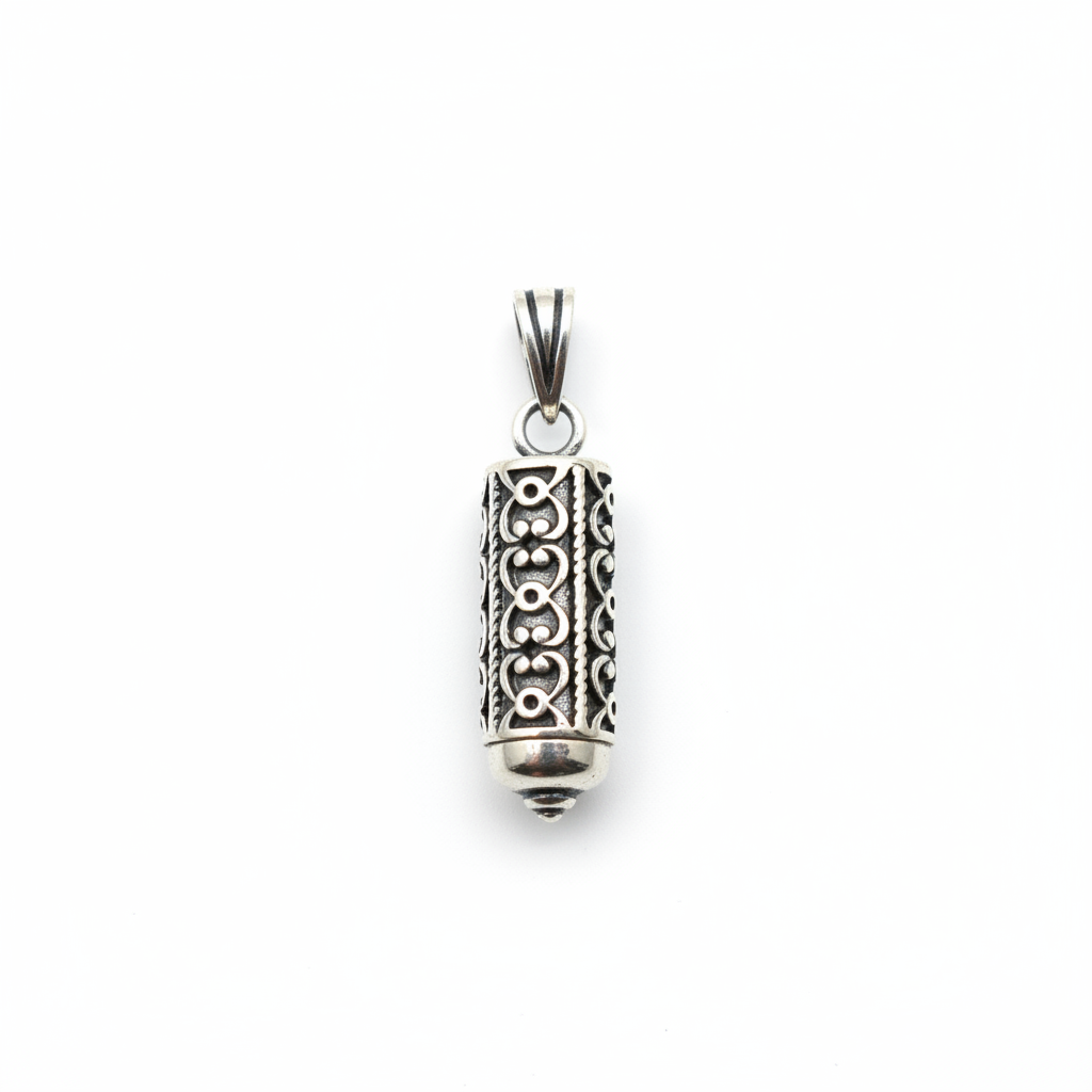 925 Silver Filigree Cylinder Amulet Pendant - White Background