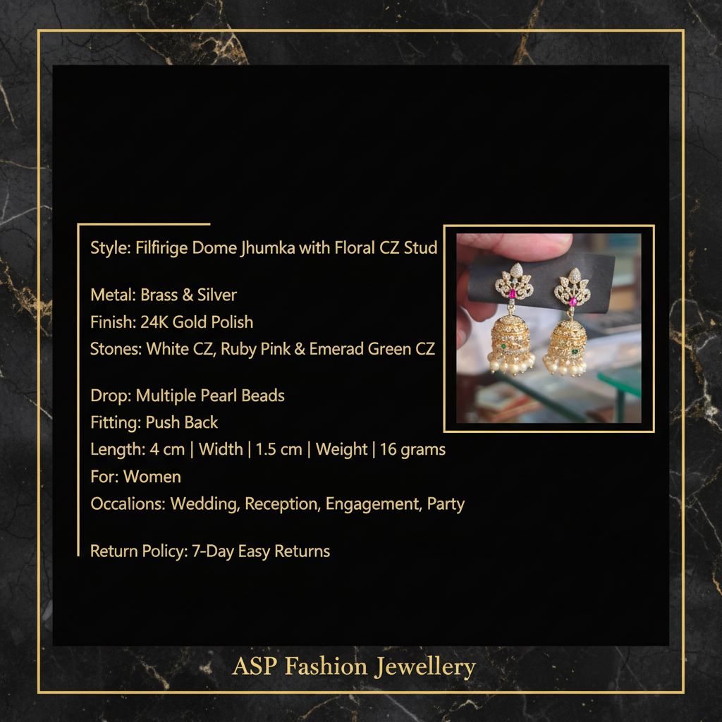 Filigree Dome Jhumka Earrings Spec Infographic ASP Fashion Jewellery
