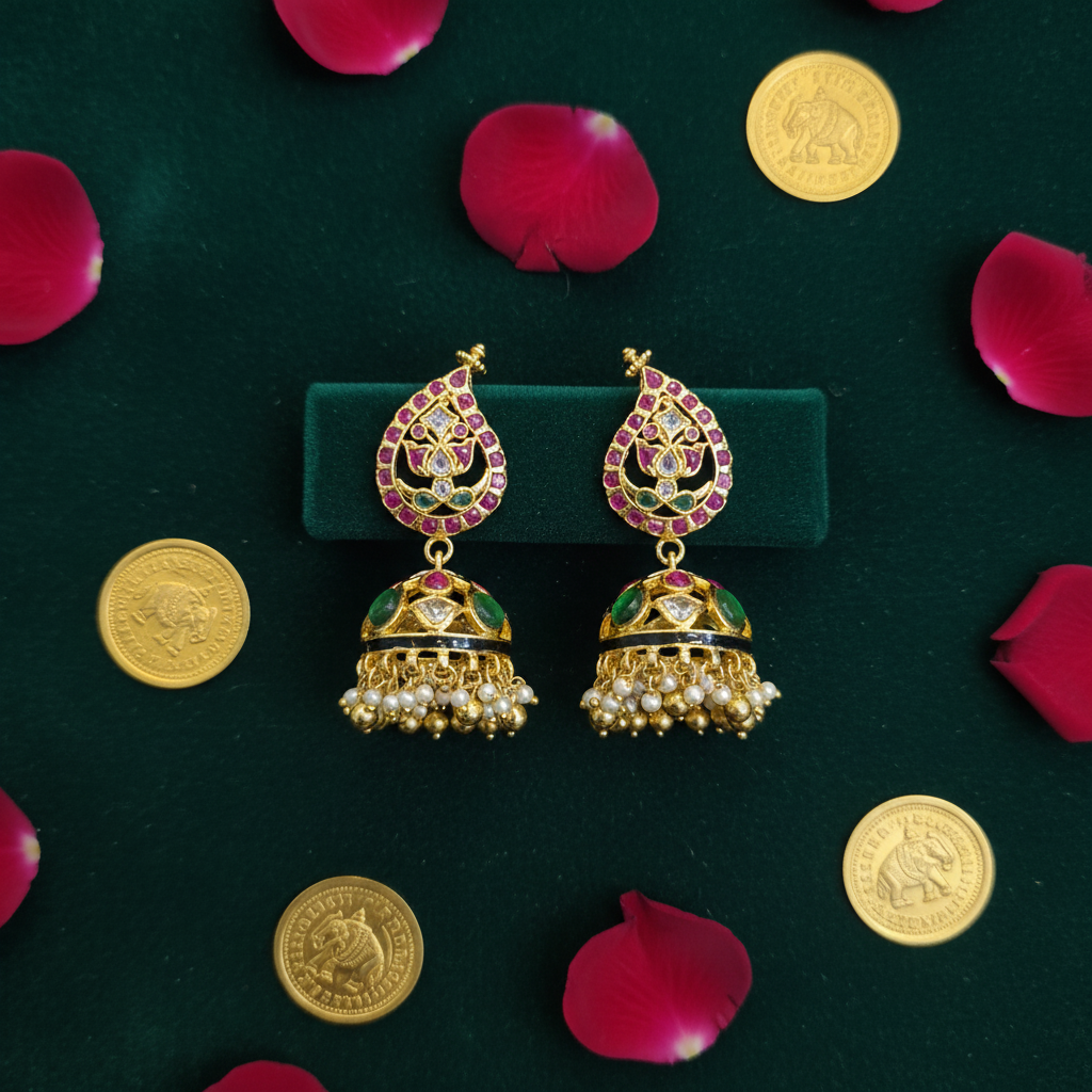 Polki Kundan Jhumka - Flat Lay on Green Velvet