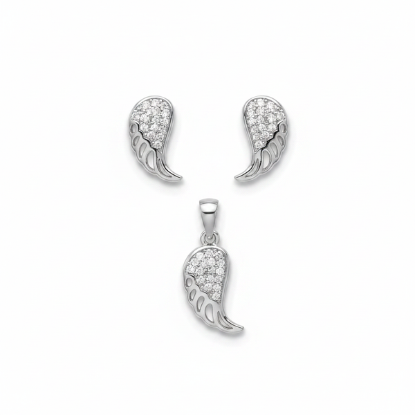 925 Silver Angel Wing Pendant Set with CZ – white background