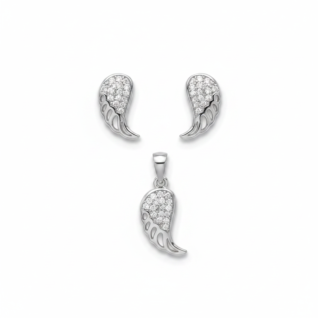 925 Silver Angel Wing Pendant Set with CZ – white background