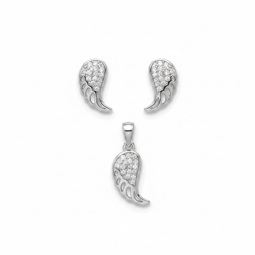 925 Silver Angel Wing Pendant Set with CZ – white background