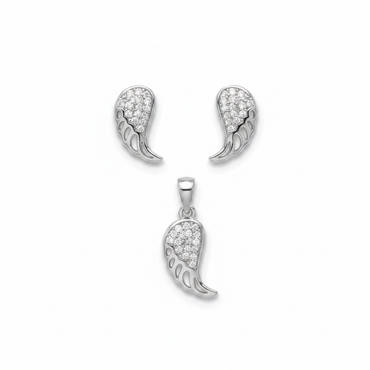 925 Silver Angel Wing Pendant Set with CZ – white background