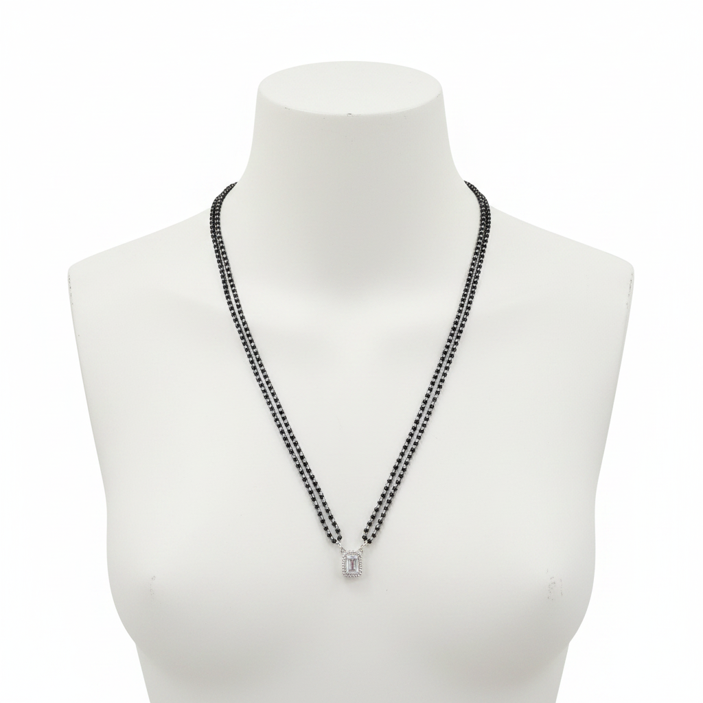 Double strand black bead mangalsutra with emerald-cut CZ pendant - mannequin display