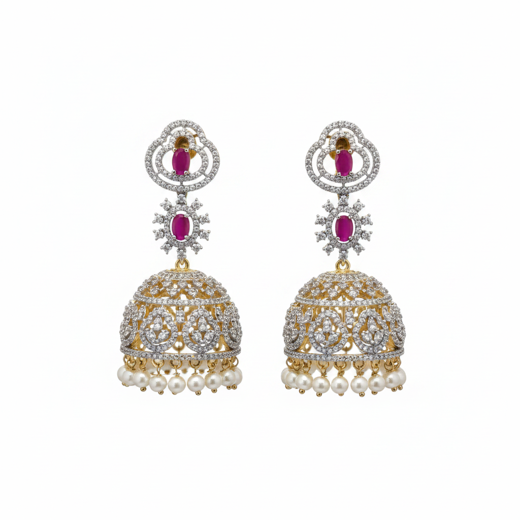 Pink CZ Heart Jhumka - White Background