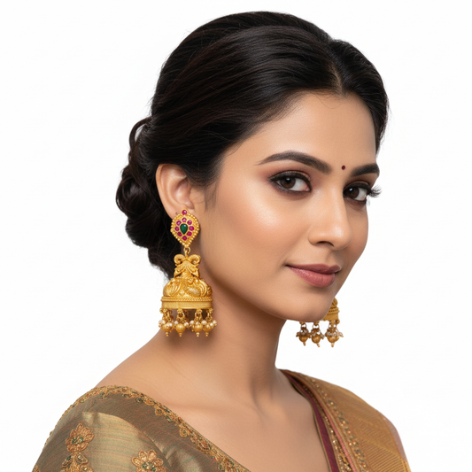 Model wearing Antique Gold Kemp Peacock Temple Jhumka Earrings on white background - lifestyle photo